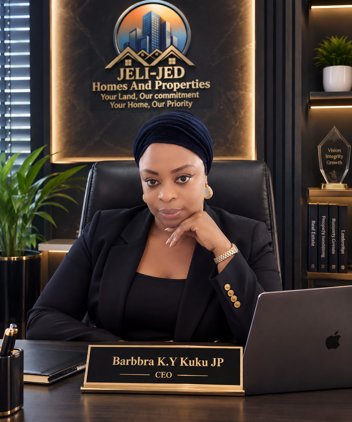 Barbbra K.Y Kuku JP, Chief Executive Officer of Jeli-Jed Properties, seated at her desk